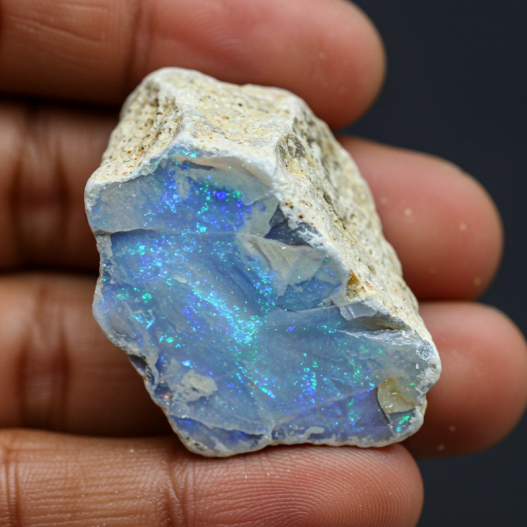 Ópalo peruano azul en bruto Ópalo azul peruano en bruto con destellos de juego de color, sostenido por una mano. Microesferas de sílice. Iridiscencia Esferoidal