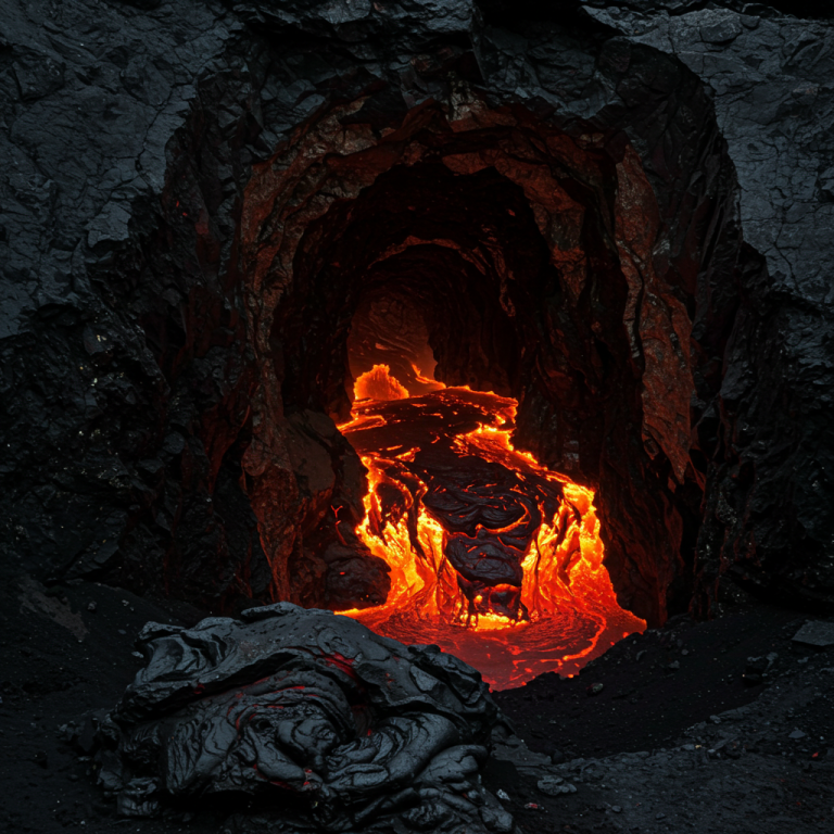 Flujo de lava naranja y roja incandescente que emerge de una cueva oscura de roca basáltica o gabro.