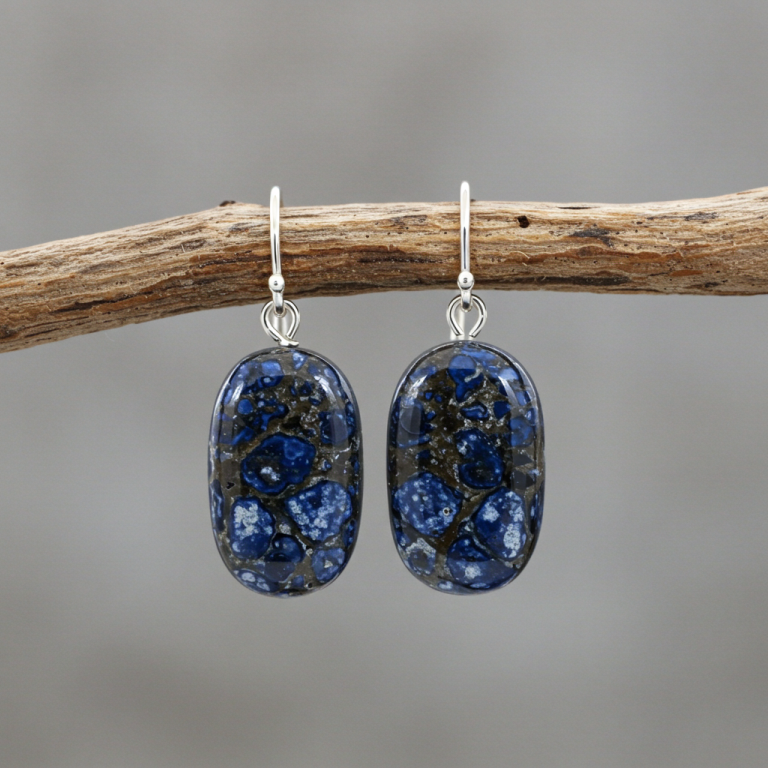 Par de pendientes de roca negra pulida con inclusiones de color azul brillante, colgando de una rama.