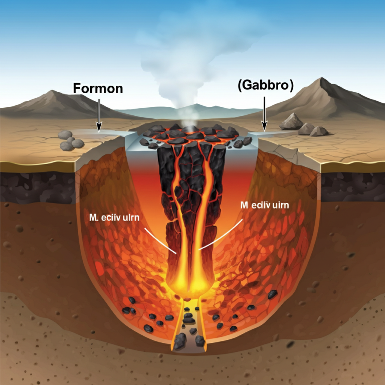 Diagrama que muestra un cuerpo de magma bajo tierra que se enfría para formar roca plutónica (Gabro) y erupciona.