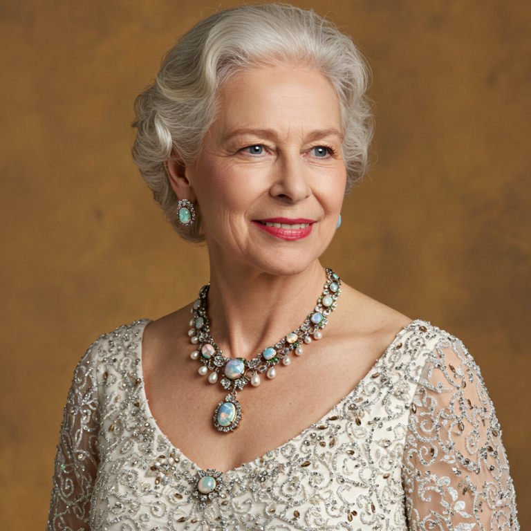 Reina con collar de ópalo y perlas Retrato de una reina sonriente con un vestido bordado de cuentas y un collar de ópalo y perlas.