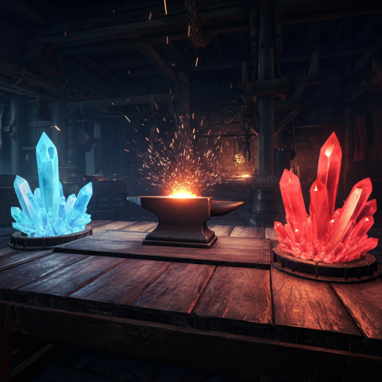 taller de minerales monster Taller de herrería fantástico con gemas brillantes y minerales preciosos sobre un yunque.