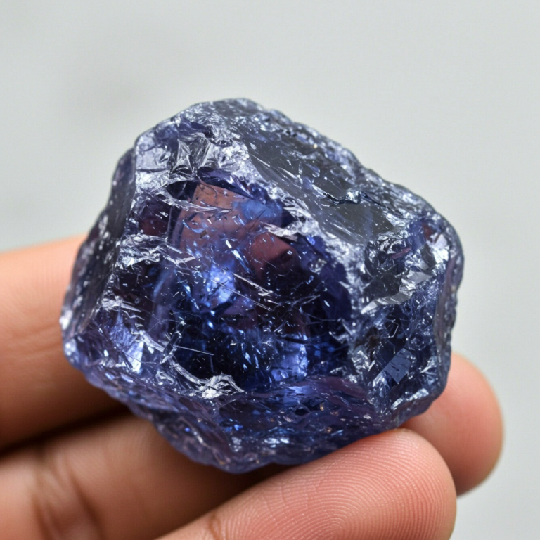 Gran trozo de tanzanita en bruto, de color azul profundo y violeta, sostenido por una mano. Tricroísmo Axonométrico