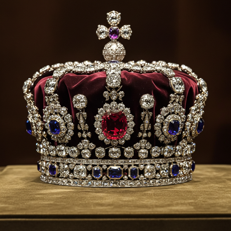 Corona imperial con grandes diamantes, perlas y espinelas rojas. Máxima expresión de la joyería histórica real.