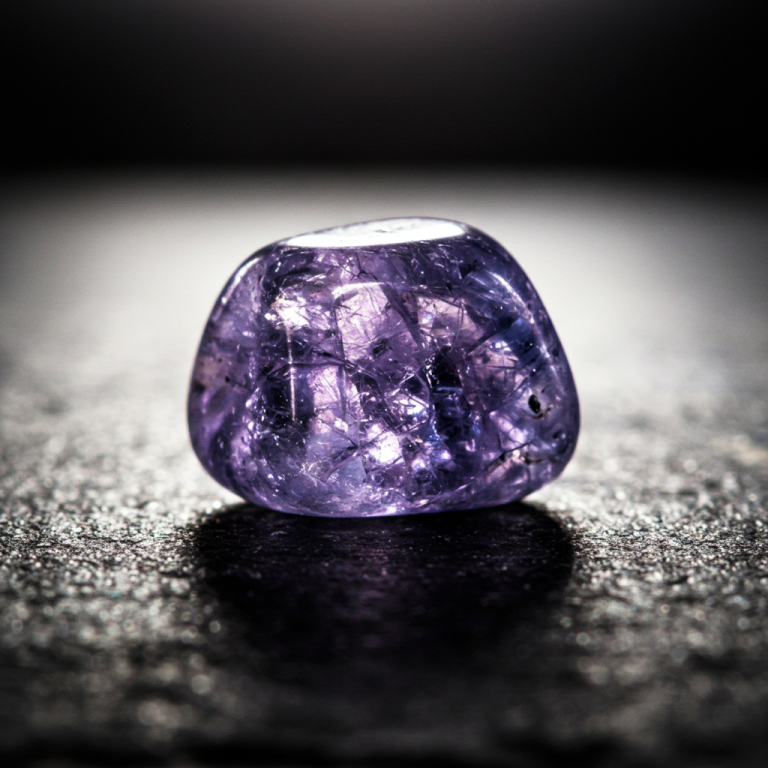 Pequeña tanzanita pulida y rodada, de color violeta intenso con inclusiones visibles, sobre una superficie oscura.