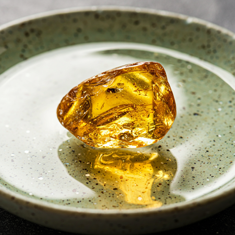 Trozo de ámbar transparente flotando sin esfuerzo sobre la superficie del agua salada saturada.