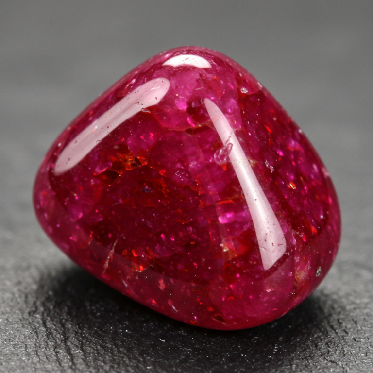 Primer plano de un rubí pulido, de color rojo intenso a magenta, con inclusiones visibles y un fuerte brillo.