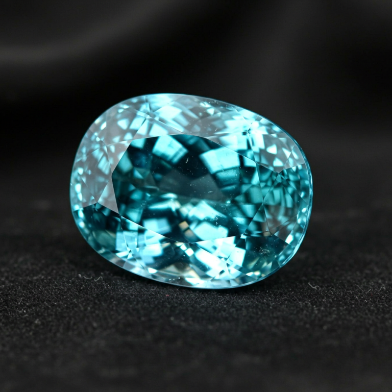 Gema de aguamarina tallada en forma ovalada, color azul verdoso brillante, con fondo negro.