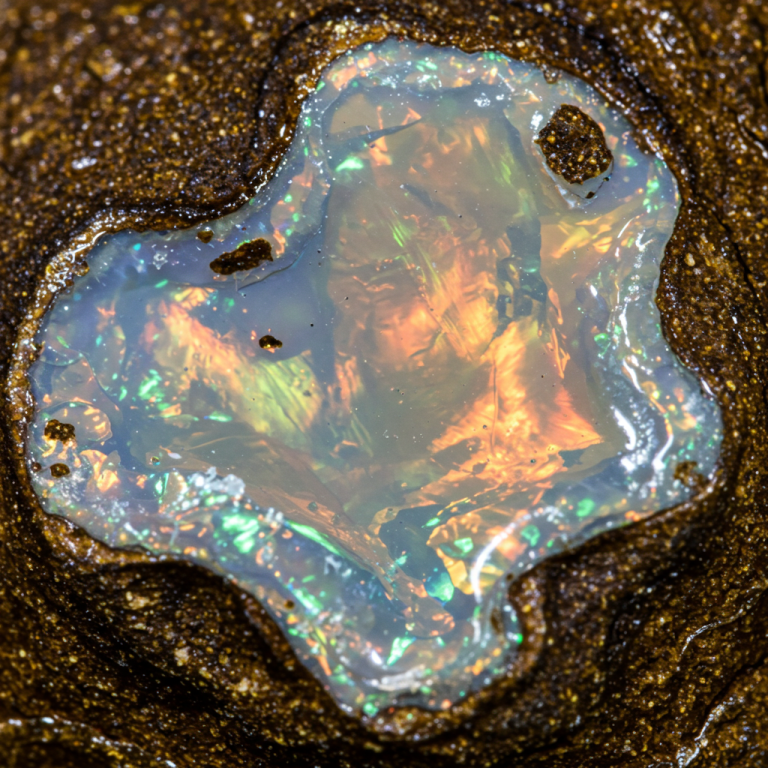 Primer plano de ópalo en matriz Macro de ópalo blanco con juego de color naranja, dorado y verde brillante, incrustado en roca oscura.