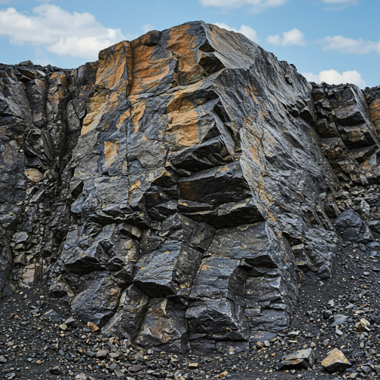 Pared de cantera con afloramiento de gabro muy fracturado, roca oscura con grandes bloques y manchas de oxidación naranja brillante.