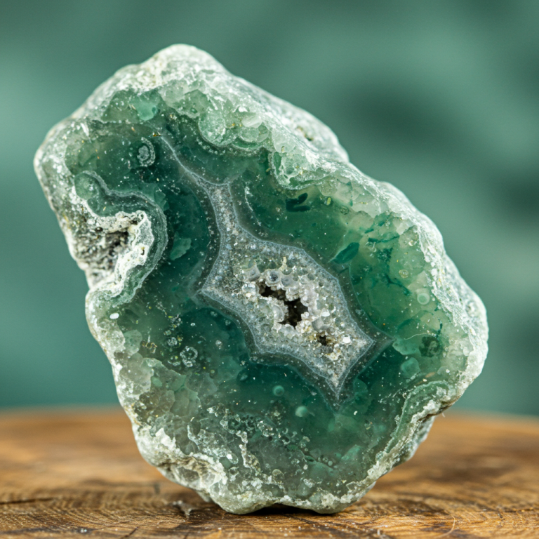 Ejemplar de Crisoprasa verde menta en bruto, mostrando cristales botrioidales en una matriz de roca gris. Confianza garantía y origen