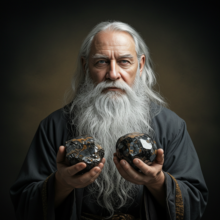 Retrato de un anciano sabio (mago) con barba gris sosteniendo dos grandes trozos de roca de gabro de color negro brillante.