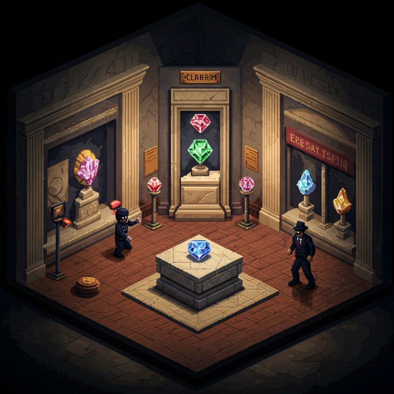 Escena de robo de joyas en un museo en estilo pixel art isométrico. Pedestal vacío y alarmas encendidas.