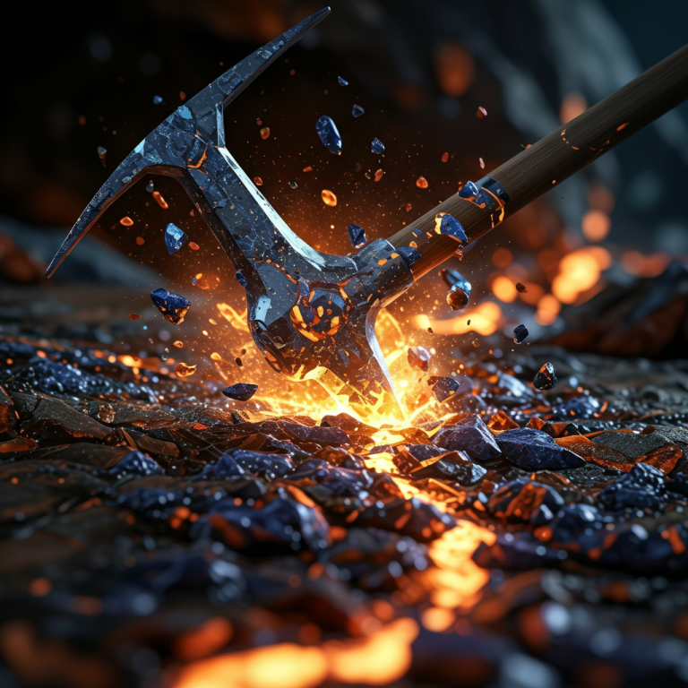 pico minero monster Herramienta de minería fantástica extrayendo gemas y minerales de una veta brillante.