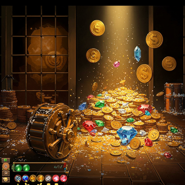 Bóveda secreta llena de monedas de oro y gemas de colores brillantes. Escondite de tesoros.