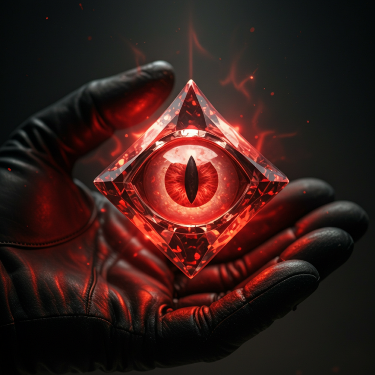 Gema roja de forma mística, con aura, conocida como el ojo de la deidad hindú Shiva. Ilustración conceptual.