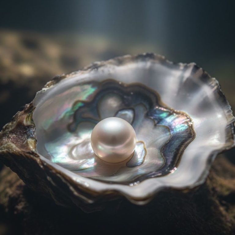 Ostra Perlífera con Perla: Origen de la Madreperla Interior de la concha revestido de nácar iridiscente (madreperla) y una perla blanca grande en el centro. Ilustra el origen biológico