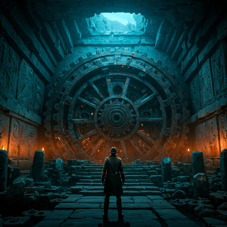 Ilustración pixel art estilo VGA 256 colores: explorador resolviendo puzles en una cueva antigua.