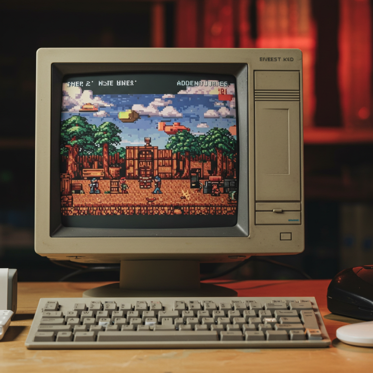 Videojuego clásico de MS-DOS en monitor antiguo: preservación digital con ScummVM y plataformas modernas.