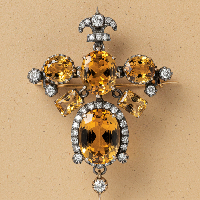 Broche antiguo con diseño de cruz, adornado con múltiples Citrinos ovalados y diamantes en una montura de metal oscuro.