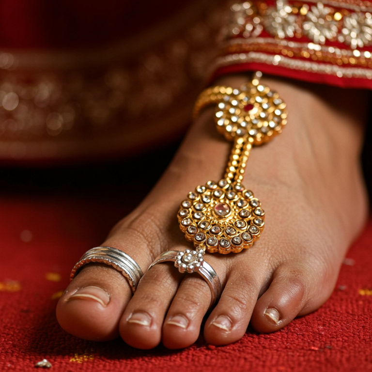 Pie femenino adornado con anillos de dedos de plata y una cadena de joyería tradicional india con piedras blancas y rojas.