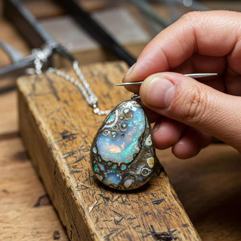 Joyero con colgante de ópalo Colgante de ópalo de roca con juego de color azul/verde, sostenido por la mano de un joyero en un taller.