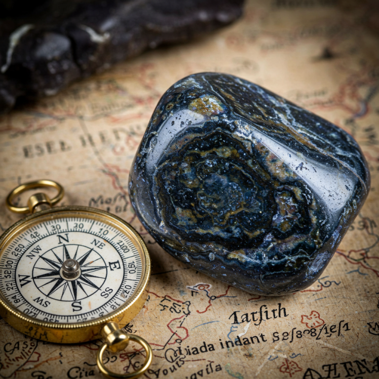 Gabro pulido con patrones de remolino azul y dorado sobre un mapa antiguo, con una brújula de latón en primer plano.