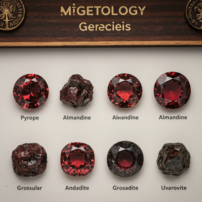 Ocho muestras de granate que incluyen piropo facetado, almandino en bruto y facetado, y grossular en bruto y tallado. Isometría Refractaria.