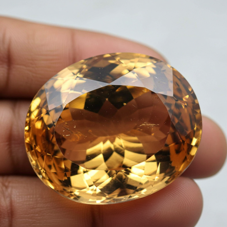 Gran gema de Citrino pulida y facetada con corte ovalado, de intenso color ámbar y brillo vítreo.