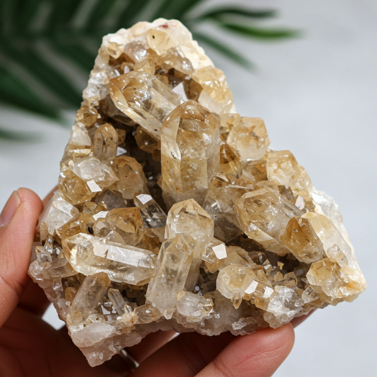 Cluster de cuarzo Citrino en bruto de color dorado, con puntas de cristal sobre una matriz blanca.