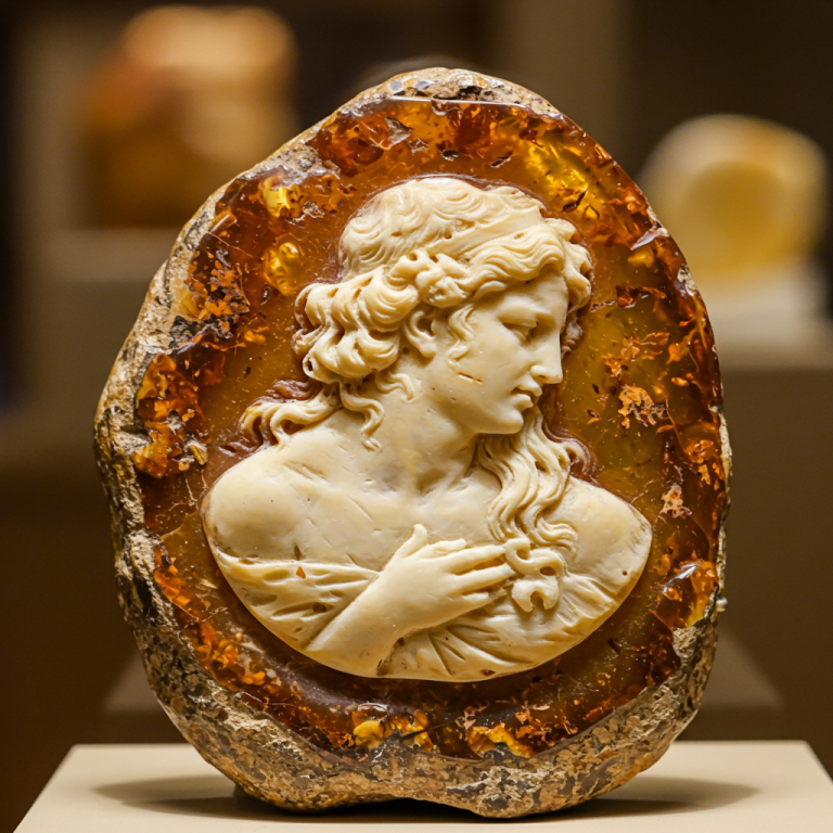 Un hermoso camafeo intrincadamente tallado a mano en un gran trozo de ámbar translúcido, expuesto en un museo.