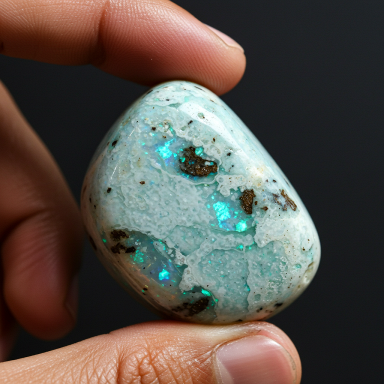 Ópalo azul-verde en matriz Ópalo de juego de colores verde azulado incrustado en su matriz de roca, sostenido entre dos dedos.