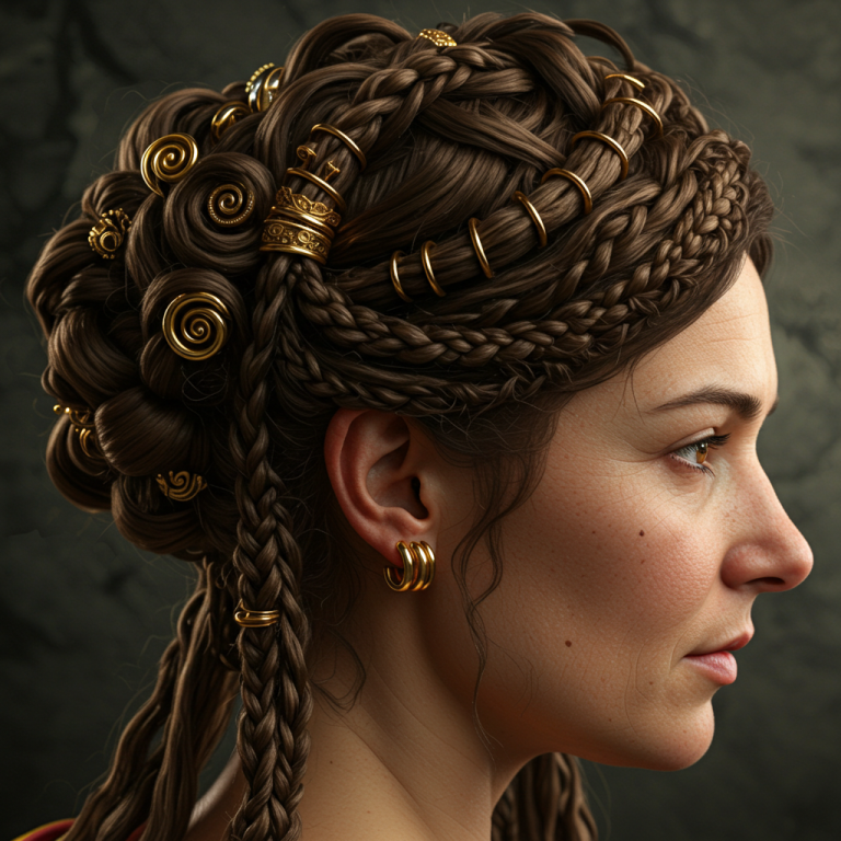 Peinado Suntuoso Romano con Adornos de Oro (Símbolo de Estatus) Primer plano de perfil de una mujer con un peinado complejo de la época romana, con trenzas elaboradas y decorado con múltiples espirales