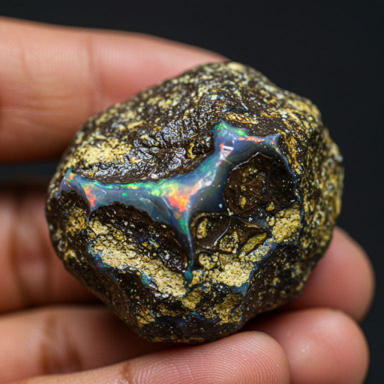 Ópalo de roca sin pulir Gran ópalo de roca en bruto con un intenso juego de colores (fuego) verde, rojo y azul en la cavidad.